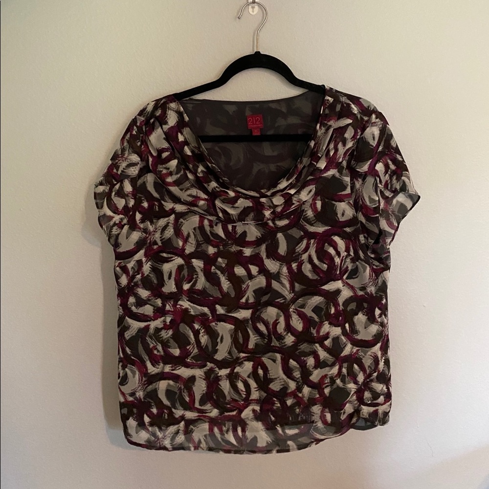 Multi-colored Short Sleeve Blouse with Scowl Neck